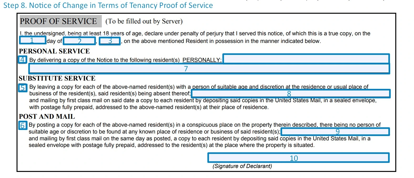step 8 to filling out a notice of change in terms of tenancy - proof of service