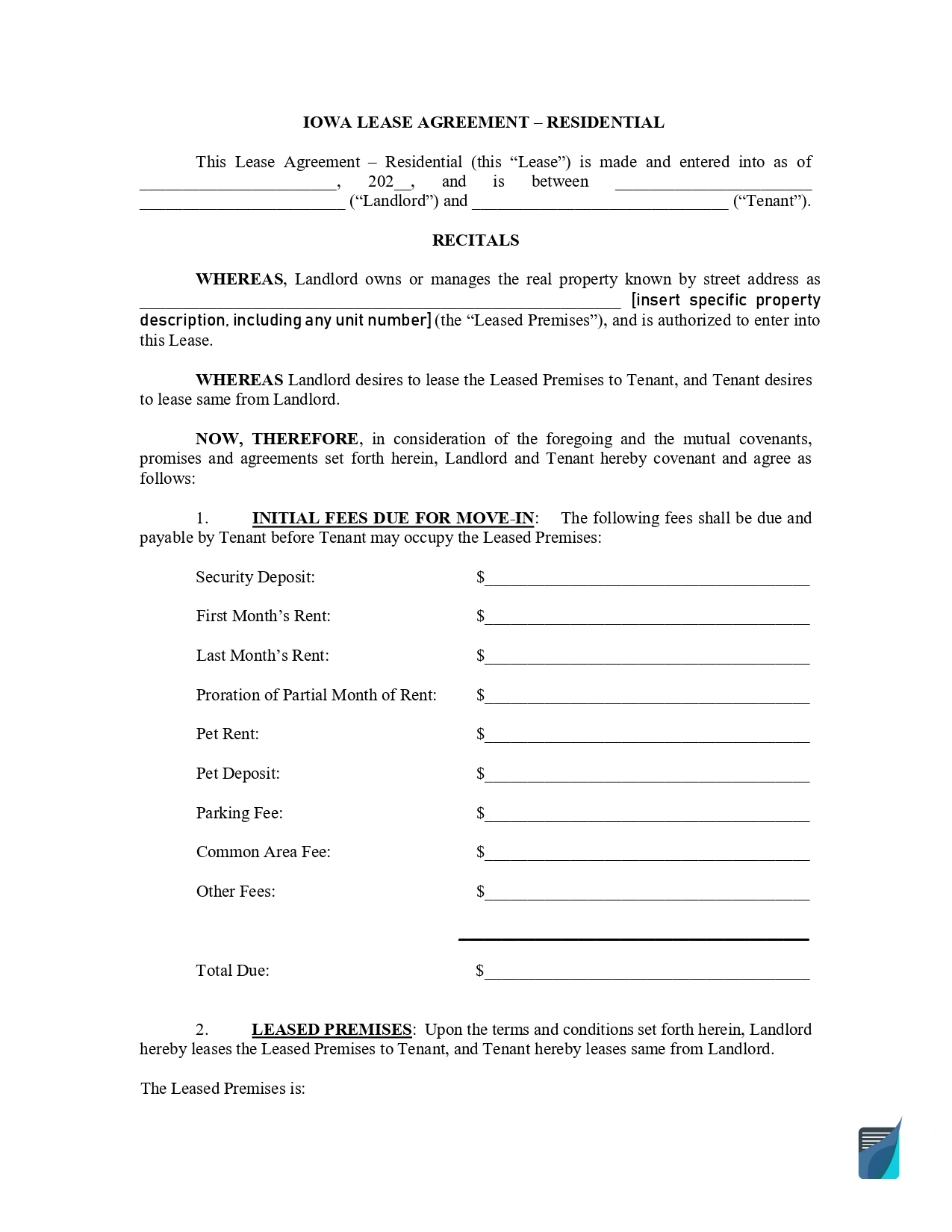 Free Iowa Lease Agreement Forms | IA Rental Templates